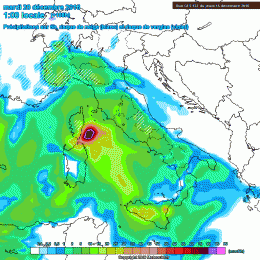 Il modello GFS mostra le precipitazioni previste per la notte tra Lunedì e Martedì, a carattere moderato e con nevicate oltre i 1500m circa di quota