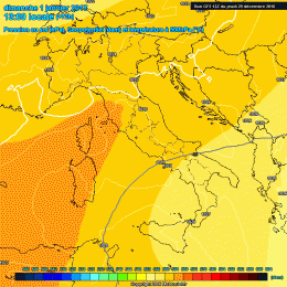 In figura si nota nel modello GFS, le condizioni stabili e con un buon geopotenziale per il giorno di Capodanno, su tutta l'Italia, Marsica compresa
