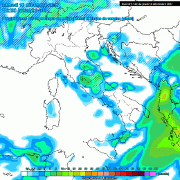 Situazione delle precipitazioni per il pomeriggio di Sabato secondo GFS. Saranno possibili dei fenomeni, che potranno assumere carattere nevoso per una sensibile diminuzione delle temperature.