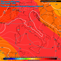 La situazione proposta da GFS per la mattina di Domenica, vede tutta l'Italia e quindi la Marsica sotto una buona struttura anticiclonica con valori abbastanza elevati 1035 mb.