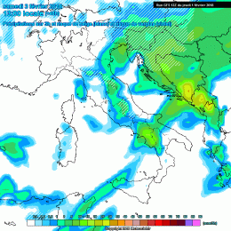 In figura la situazione delle precipitazioni viste da GFS nella giornata di Sabato 3 Febbraio. Piogge e nevicate oltre i 1200 m circa sui settori Marsicani.