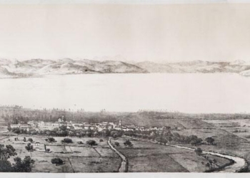 Litografia del lago Fucino eseguita da Brissé