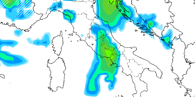 Modello GFS previsto per Sabato sera alle 19:00. In risalto la possibilità di precipitazioni su tutta la Marsica,con neve oltre i 1600m, sotto le correnti da libeccio