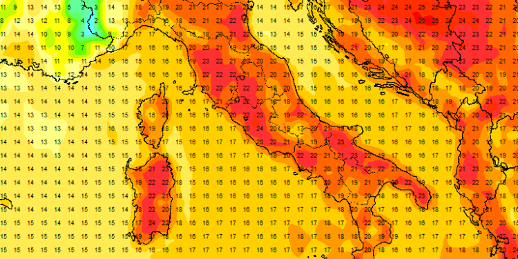 Temperature del modello GFS che vedono intorno alle ore 14:00 circa 20°c di massima ad Avezzano