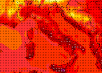 Modello previsionale GFS: le temperature previste per Domenica 3 Luglio alle 14:00. Nella Marsica saremo tra i 25°c del Parco Nazionale D'Abruzzo ai 29 dei dintorni del Fucino