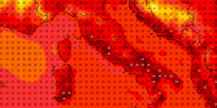 Modello previsionale GFS: le temperature previste per Domenica 3 Luglio alle 14:00. Nella Marsica saremo tra i 25°c del Parco Nazionale D'Abruzzo ai 29 dei dintorni del Fucino