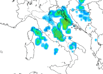 Modello GFS: si notano le precipitazioni previste per Sabato 6 Agosto a carattere moderato su gran parte dell'Abruzzo e quindi del territorio Marsicano