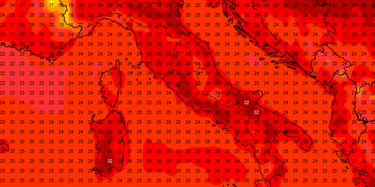 Modello GFS: si notano le temperature previste per Domenica, anche sul territorio Marsicano.