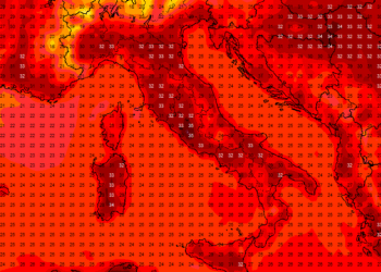 Modello GFS: si notano i valori massimi previsti per il giorno di ferragosto, con l'area Marsicana che potrà sfiorare i 30°c nella conca del Fucino