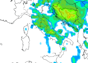 Modello GFS previsto per la sera di Lunedì 5 Settembre, si notano le precipitazioni anche forti sulla Marsica ed il Parco Nazionale in particolare.