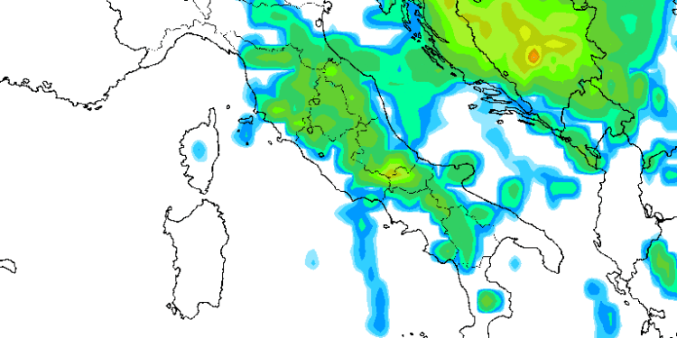 Modello GFS previsto per la sera di Lunedì 5 Settembre, si notano le precipitazioni anche forti sulla Marsica ed il Parco Nazionale in particolare.