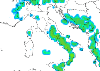 Modello GFS: in risalto le zone con le precipitazioni nella giornata di Domenica 11 Settembre nel pomeriggio. Nelle zone Marsicane potranno esserci fenomeni anche tra moderati e forti.