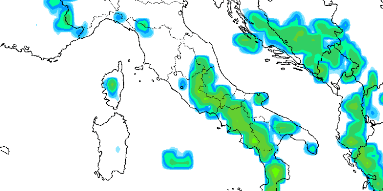 Modello GFS: in risalto le zone con le precipitazioni nella giornata di Domenica 11 Settembre nel pomeriggio. Nelle zone Marsicane potranno esserci fenomeni anche tra moderati e forti.