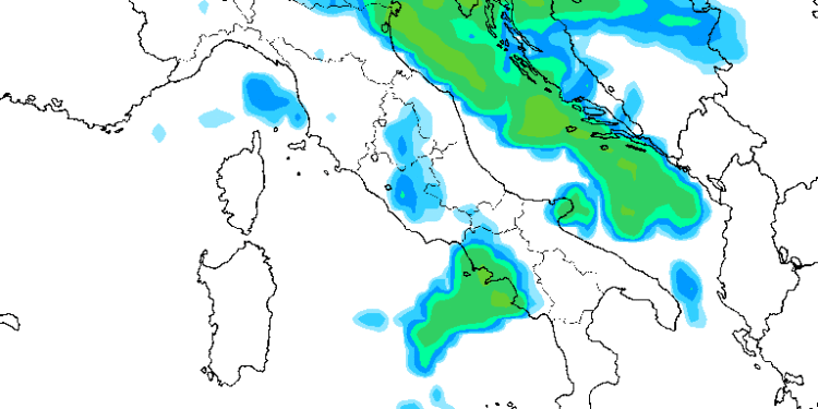Il modello previsionale GFS per Domenica mattina alle ore 11:00 vede delle deboli piogge sul Carseolano, ma in estensione nel corso del pomeriggio anche sul resto della Marsica