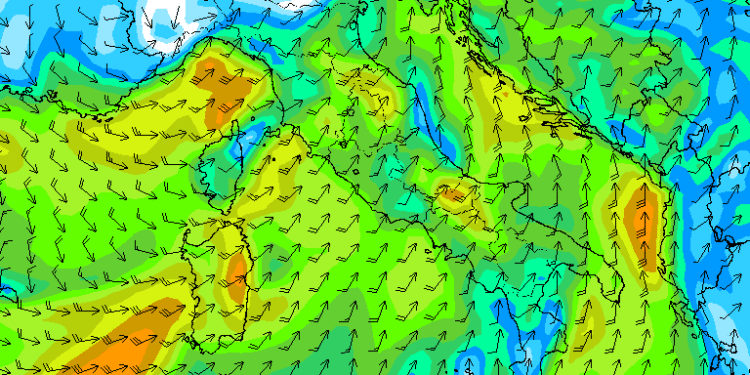 Nel modello GFS si nota come Domenica sarà una giornata ventosa da libeccio. Sulla Marsica moderati con qualche rinforzo in un contesto nuvoloso con qualche pioggia sui Simbruini e zone occidentali del Parco Nazionale