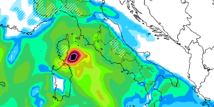 Il modello GFS mostra le precipitazioni previste per la notte tra Lunedì e Martedì, a carattere moderato e con nevicate oltre i 1500m circa di quota