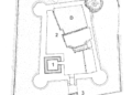 Pianta del Castello di Ortucchio (foto G. Grossi): 1) Torre-mastio del XIII-XIV secolo; 2) Recinto con torrette rompitratta; 3) Torre pentagonale a puntone del XIV secolo; D darsena interna