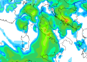 Modello GFS per Lunedì mattina, 6 Febbraio. Si nota il maltempo su tutto il settore Marsicano con piogge e nevicate oltre i 1500 m circa