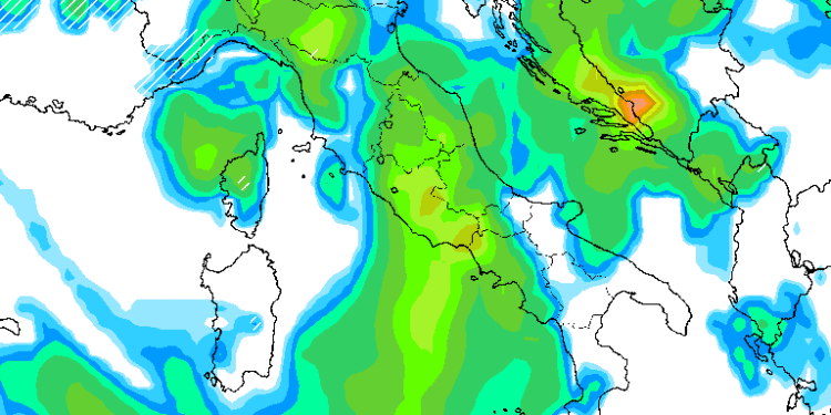 Modello GFS per Lunedì mattina, 6 Febbraio. Si nota il maltempo su tutto il settore Marsicano con piogge e nevicate oltre i 1500 m circa