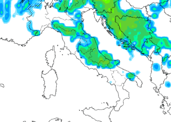 Nella figura si notano le piogge previste per domani Sabato 20 Maggio, nelle ore pomeridiane, secondo il modello GFS.