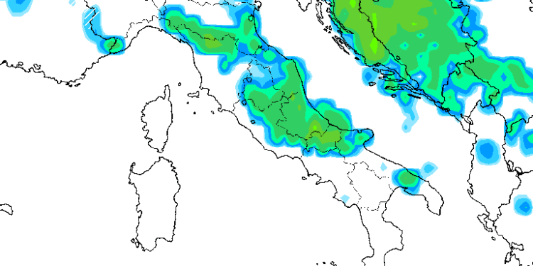 Nella figura si notano le piogge previste per domani Sabato 20 Maggio, nelle ore pomeridiane, secondo il modello GFS.