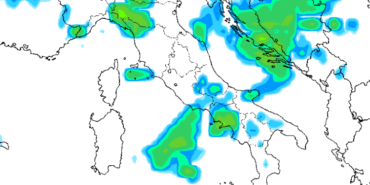 In figura la situazione delle precipitazioni prevista da GFS nella giornata di Sabato 2 Settembre. Possibilità di fenomeni sul territorio Marsicano, a carattere di rovesci sparsi.