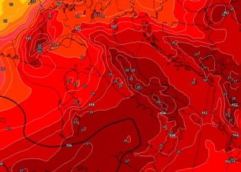 In figura il modello GFS mostra la situazione ad 850 hpa prevista per le ore 17:00 di Sabato 5 Agosto. Valori fino a circa 28°c sulla Marsica, pertanto molto caldo.