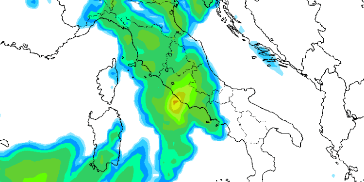 La situazione delle precipitazioni previste da GFS nella giornata di Domenica 10 Settembre. Sulla Marsica fenomeni in qualche caso tra moderato e forte.