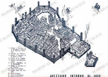 Raffigurazione idealizzata della città di Avezzano con le mura e le tre porte in una stampa riferita al 1830