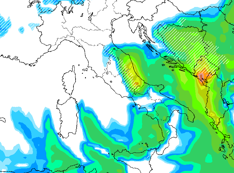 In figura la situazione riferita alle precipitazioni nella notte tra Lunedì e Martedì secondo GFS. Maltempo con possibilità di nevicate su buona parte del territorio Marsicano.