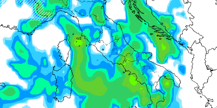 Il modello GFS mostra la situazione delle precipitazioni nella giornata di Lunedì 6 Novembre. Piogge a carattere moderato su tutta la Marsica, anche forti nelle ore tra la sera e la notte.