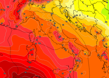 Ecco la situazione ad 850 hpa prevista per le ore centrali della giornata di Domenica. Sulla Marsica valori sui 18 / 19°c, il che vuol dire, valori massimi oltre i 30°c ad Avezzano e nel Fucino.