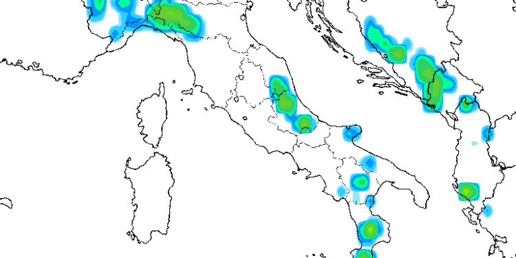 In figura la situazione delle precipitazioni in Italia prevista d aGFS per il pomeriggio di Domenica 12. Non saranno esclusi anche su alcune zone del territorio Marsicano.