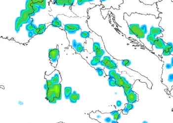 Nella figura, la situazione delle precipitazioni previste secondo GFS per il pomeriggio di Domenica 19. Prima di sera non si escludono rovesci a carattere temporalesco.