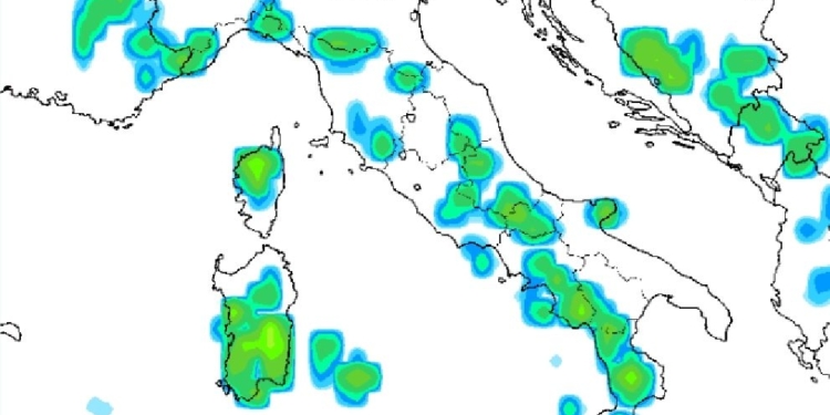 Nella figura, la situazione delle precipitazioni previste secondo GFS per il pomeriggio di Domenica 19. Prima di sera non si escludono rovesci a carattere temporalesco.