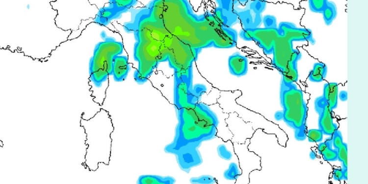 La situazione delle precipitazioni previste per le ore centrali di Domenica 26. Possibilità di fenomeni su buona parte della Marsica.