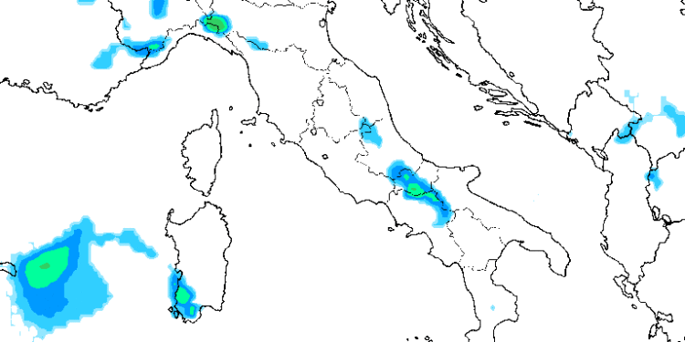 La situazione delle precipitazioni nelle ore centrali della giornata di Domenica 9. Qualche fenomeno potrà essere presente sul Parco nazionale d'Abruzzo.