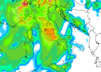 Situazione secondo gli ultimi aggiornamenti di GFS, per Lunedì. Piogge abbondanti su tutta la Marsica.