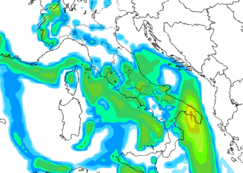 La possibile situazione che vede GFS per la mattina di Lunedì 5. Di nuovo piogge su tutto il settore Marsicano.