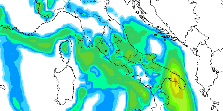 La possibile situazione che vede GFS per la mattina di Lunedì 5. Di nuovo piogge su tutto il settore Marsicano.