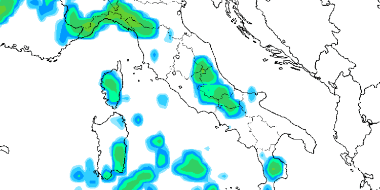 La situazione prevista delle precipitazioni nelle ore centrali di Domenica. Sulla Marsica, le condizioni saranno perturbate da verso mezzogiorno, con fenomeni in intensificazione con il passare delle ore.