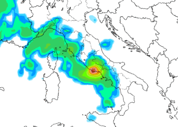 La possibile situazione delle precipitazioni previste per le ore 14:00 sull'Italia da GFS. saranno possibili rovesci anche sulla Marsica di una certa entità.