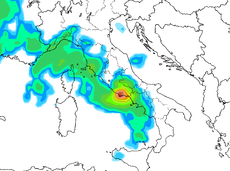La possibile situazione delle precipitazioni previste per le ore 14:00 sull'Italia da GFS. saranno possibili rovesci anche sulla Marsica di una certa entità.