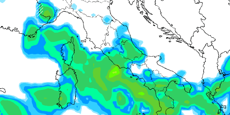 La situazione delle precipitazioni previste da GFS per Lunedì 7 Ottobre. Nel corso della giornata, tempo molto instabile sulla Marsica con piogge per una circolazione depressionaria Italica.