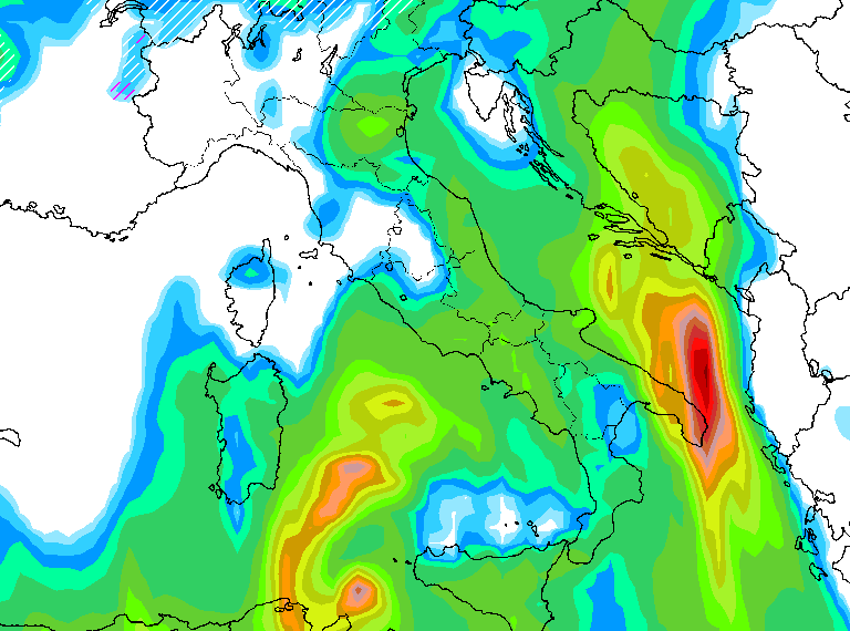 La possibile evoluzione sotto l'aspetto precipitativo per le ore centrali di Martedì 12. Piogge in qualche caso forti su tutto il territorio abruzzese, Marsica compresa.