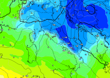 La situazione secondo GFS per Lunedì sera ad 850 hpa. Valori sui -8/-9°c ad 850 hpa ( una -35°c a 500 hpa). Più mite, seppur di poco, tra carseolano e Simbruini. Possibili nevicate, specie sui settori orientali.