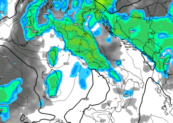 La situazione prevista da GFS per Lunedì 8 Giugno, nel primo pomeriggio. Possibilità di fenomeni moderati ed estesi praticamente ovunque sul territorio marsicano. Venti occidentali.