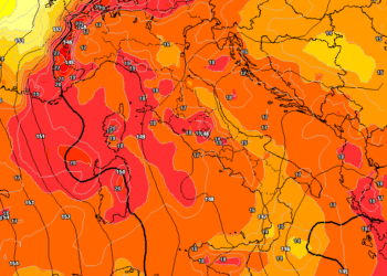 La situazione ad 850 hpa prevista per le ore centrali di Lunedì 6. Temperature in aumento, complice la giornata assolata.