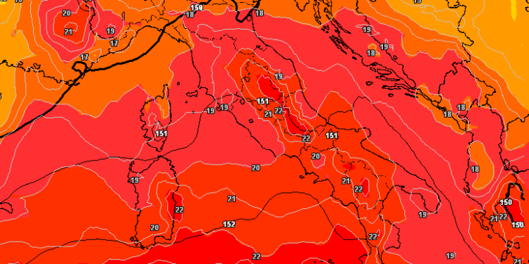 La situazione ad 850hpa prevista da GFS per le ore del pomeriggio di Domenica 16. Condizioni di tempo soleggiato e clima estivo.