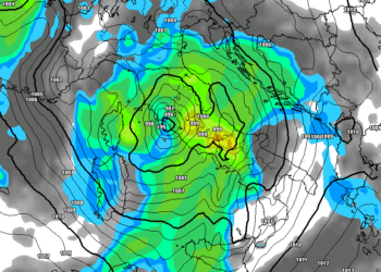 La situazione secondo GFS per Domenica alle ore 17:00. Precipitazioni anche forti sull'area marsicana.